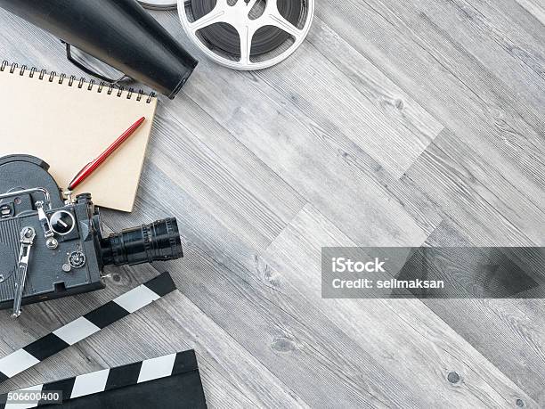 Cinema Film Production Equipments On Floor Stock Photo - Download Image Now - Film Slate, Old-fashioned, Film Industry