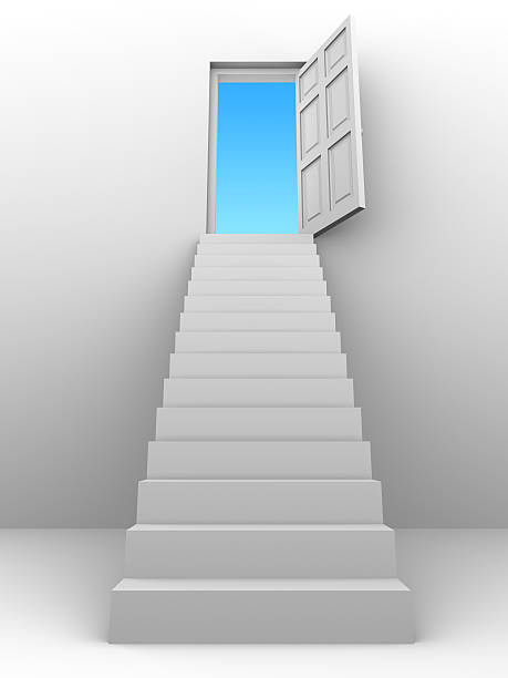 istock 3d Stairway to blue sky open door 506601375