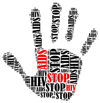 Stop AIDS and HIV. Word cloud illustration in shape of hand print showing protest.