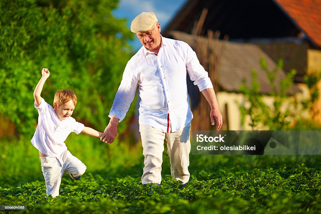 happy grandfather and grandson among potato rows at their homestead Adult Stock Photo