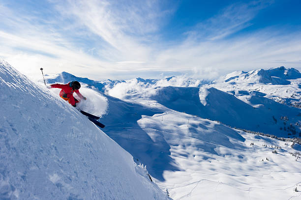 female 선수 만드는 파우다 돌다 - skiing powder snow canada winter 뉴스 사진 이미지