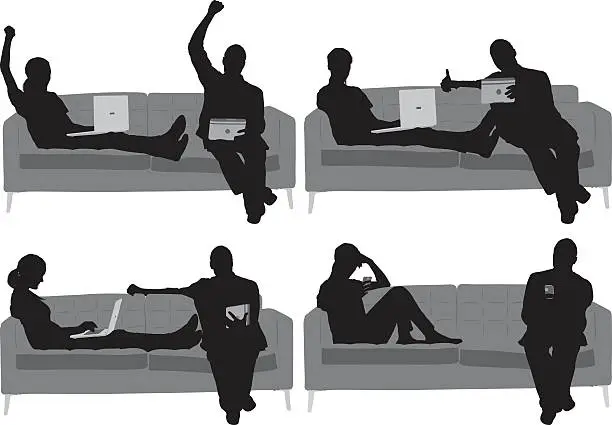 Vector illustration of Couple on couch and in actions with laptop