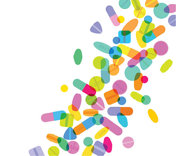 Pills and Capsules Colourful overlapping silhouettes of pills and capsules. EPS10 file, best in RGB, CS5 versions in zip capsule medicine stock illustrations
