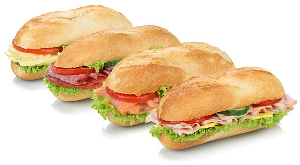 sammlung von sub sandwichs baguette mit salami, lachs, schinken - sandwich submarine sandwich ham bun stock-fotos und bilder