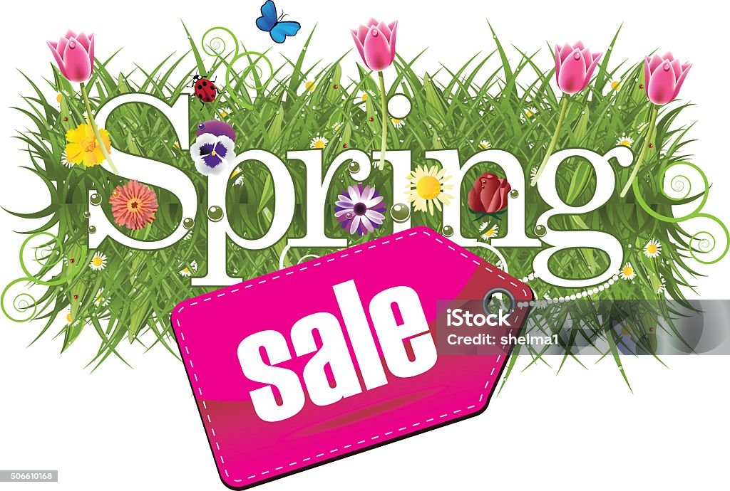 Cheerful spring design with grass, flowers and butterflies Cheerful spring design with grass, flowers and butterflies. EPS 10 vector Price Tag stock vector