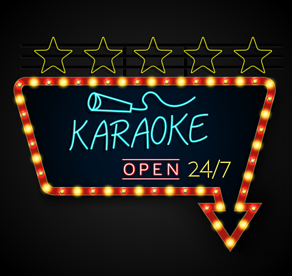 Illustration of Shining retro light banner karaoke on a black background