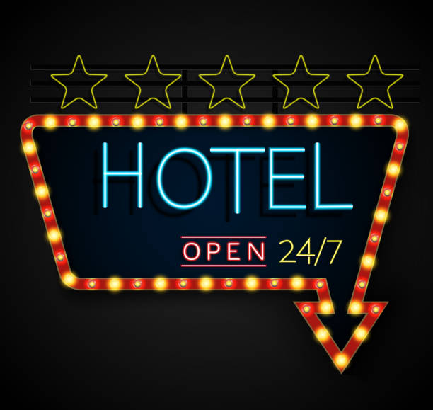 Illustration of Shining retro light banner hotel on a black background