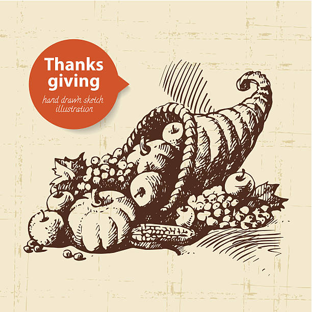 ilustraciones, imágenes clip art, dibujos animados e iconos de stock de dibujados a mano vintage ilustración del día de acción de gracias - thanksgiving fruit cornucopia vegetable