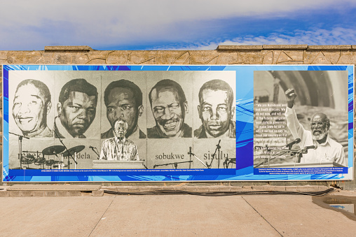 Cape Town, South Africa - May 14, 2015: Banner on Robben Island Prison wall where Nelson Mandela was imprisoned, now a museum, Cape Town, South Africa
