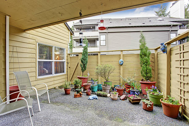 istock Small backyard with lot of flower pots 506627357