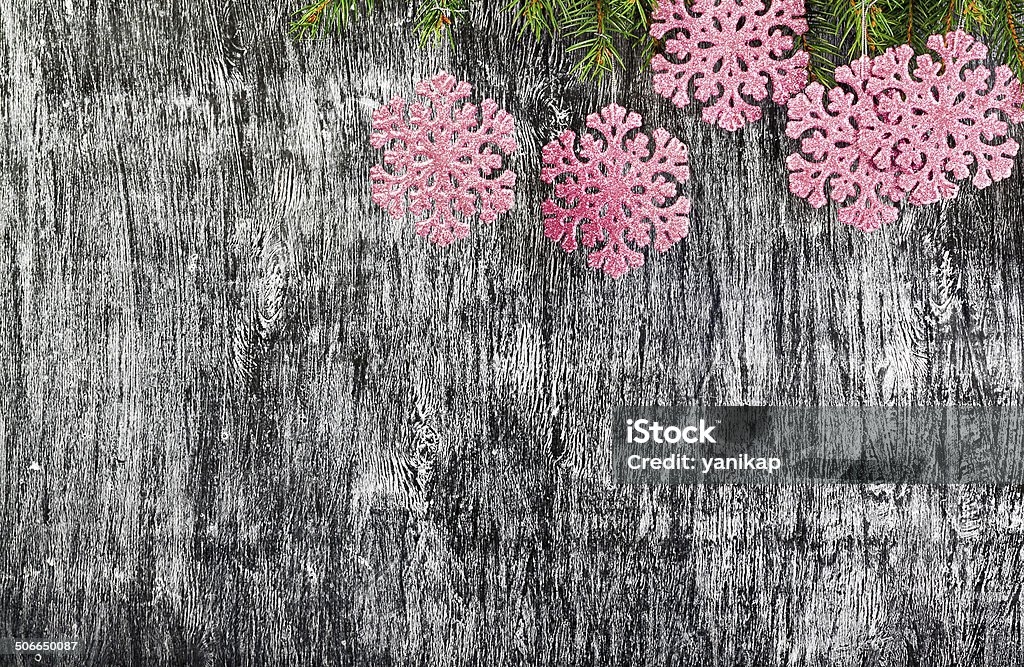 Capodanno e Natale sfondo in legno, fiocchi di neve - Foto stock royalty-free di Abete