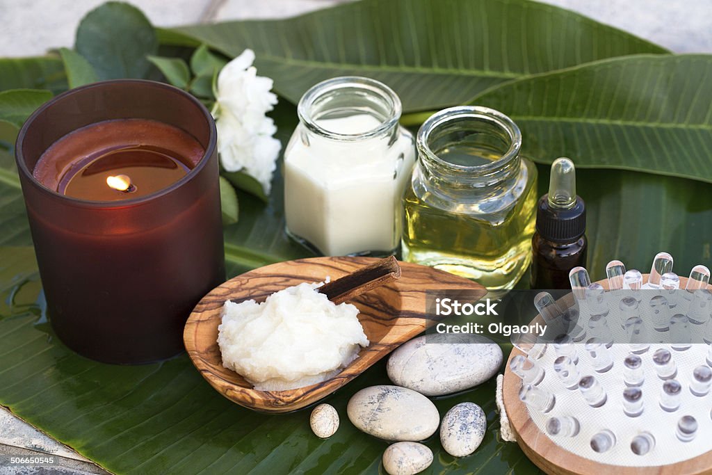 Spa ingredients (oil, creme ,scrub) Alternative Therapy Stock Photo