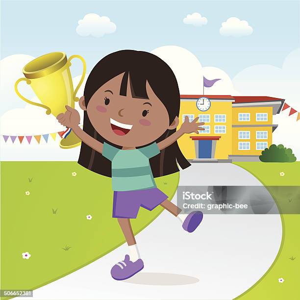 Cheerful Girl Holding Gold Trophy Stock Illustration - Download Image Now - Achievement, Award, Building - Activity