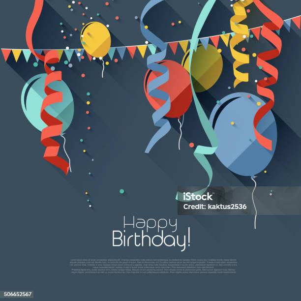 Flat Birthday Background Stock Illustration - Download Image Now - Balloon, Streamer, Anniversary