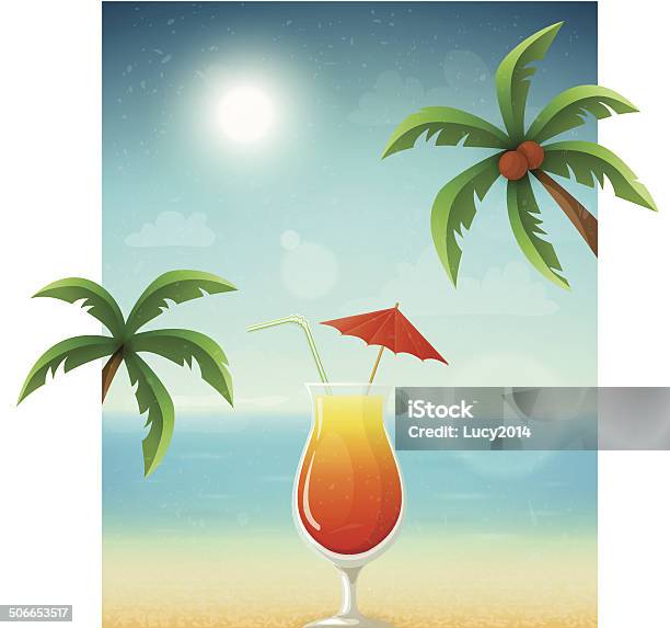 Fundo De Praia Com Cocktail E Palmas Das Mãos - Arte vetorial de stock e mais imagens de Ao Ar Livre - Ao Ar Livre, Areia, Azul