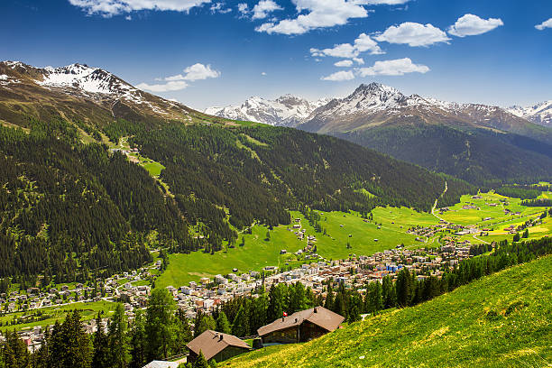 Magnificent view to the Valley with the Davos city Landwasser valley with Davos city surrounded by Jakobshorn and Rinerhorn peaks in Swiss Alps seen from the top of the Schatzalp mountain, canton  Grisons, Switzerland graubunden canton photos stock pictures, royalty-free photos & images