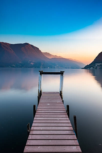 Sunset at Lake Lugano stock photo