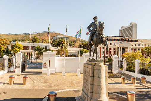 Cape Town, South Africa - May 11, 2015: Statue of Louis Botha in front of the South African Parliament building on Roeland Street, Cape Town.