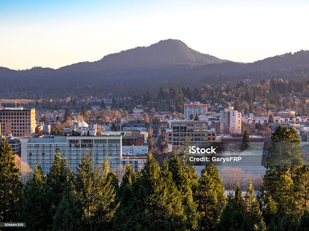 Eugene Oregon Downtown Area from Skinner Butte A view of downtown Eugene, Oregon. Taken in the afternoon from Skinner Butte. Eugene - Oregon Stock Photo