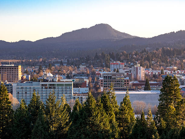 Eugene Oregon Downtown Area from Skinner Butte A view of downtown Eugene, Oregon. Taken in the afternoon from Skinner Butte. eugene oregon stock pictures, royalty-free photos & images