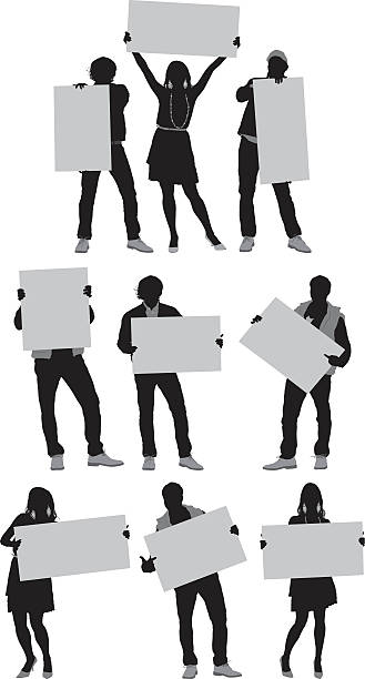 People in action with placard vector art illustration