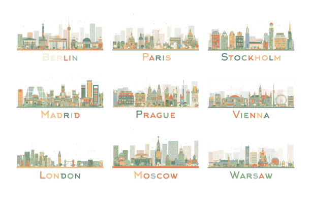 ilustraciones, imágenes clip art, dibujos animados e iconos de stock de conjunto de 9 resumen europa de los edificios de la ciudad. ilustración de vectores. - skyline madrid