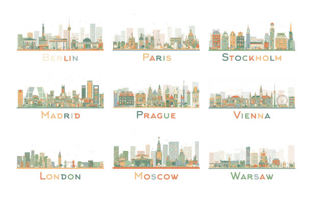 illustrazioni stock, clip art, cartoni animati e icone di tendenza di gruppo di 9 astratto europa sullo skyline della città. illustrazione vettoriale. - stockholm