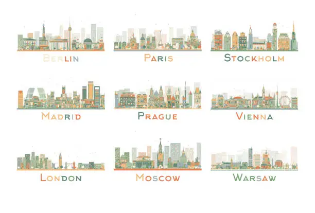 Vector illustration of Set of 9 Abstract Europe City Skyline. Vector Illustration.