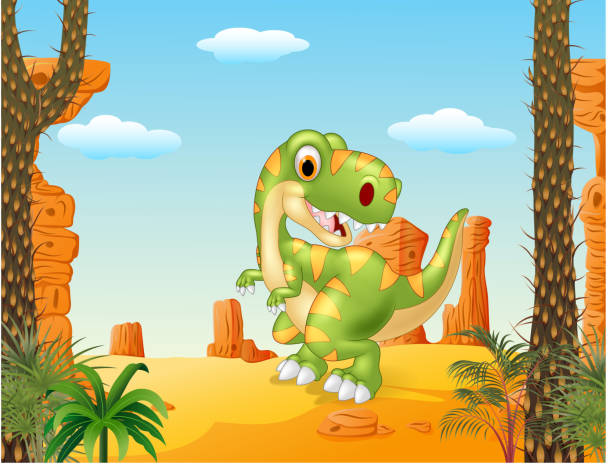 ilustrações, clipart, desenhos animados e ícones de dinossauro dos desenhos animados de tiranossauro looks de lado com fundo do deserto - lizard