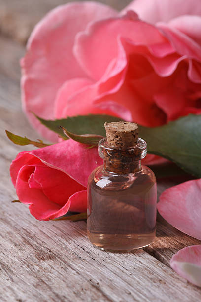 Rose water in bottle on a background of pink roses stock photo