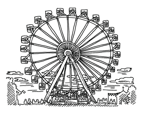 Hand-drawn vector drawing of a Ferris Wheel on a Fairground. Black-and-White sketch on a transparent background (.eps-file). Included files are EPS (v10) and Hi-Res JPG.