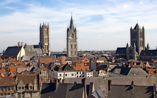 Cityscape with church towers of Ghent, Belgium