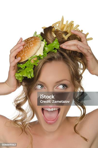 Woman With Burger And Fries Shouts Stock Photo - Download Image Now - 20-29 Years, Adult, Adults Only