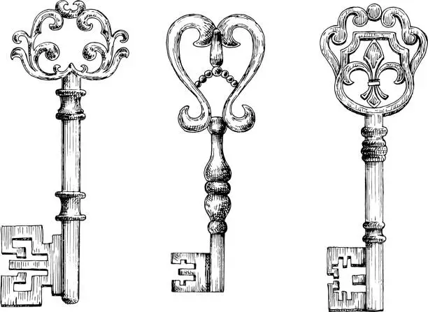 Vector illustration of Sketch of medieval skeleton keys