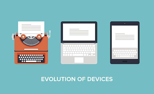 Evolution of devices Flat vector illustration of evolution of devices from typewriter to laptop and tablet. typing illustrations stock illustrations