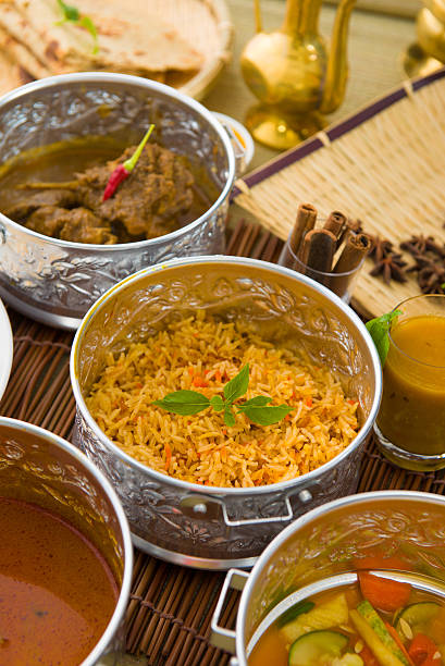 istock Biryani rice with traditional items on background 506670056