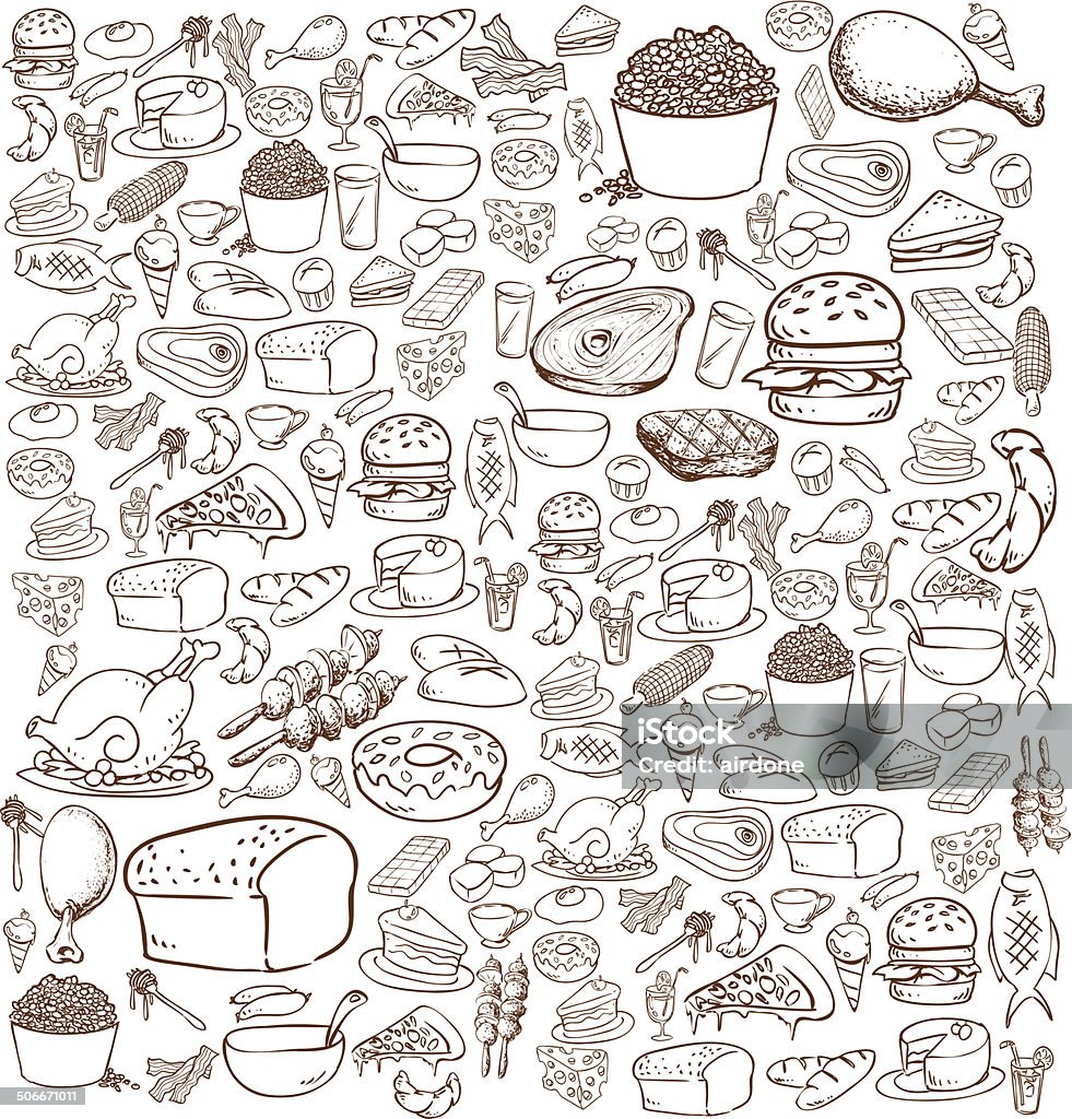 Food Doodle Vector illustration of food in doodle style, brown on white Baked stock vector