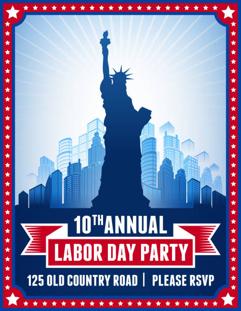 Labor Day Party on City Background Labor Day Party on City Background statue of liberty replica stock illustrations