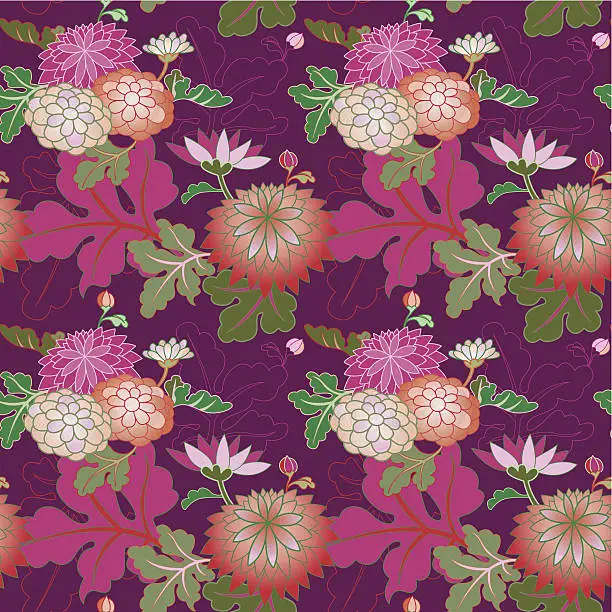 Vector illustration of Red and pink chrysanthemums (Seamless pattern kimono style)