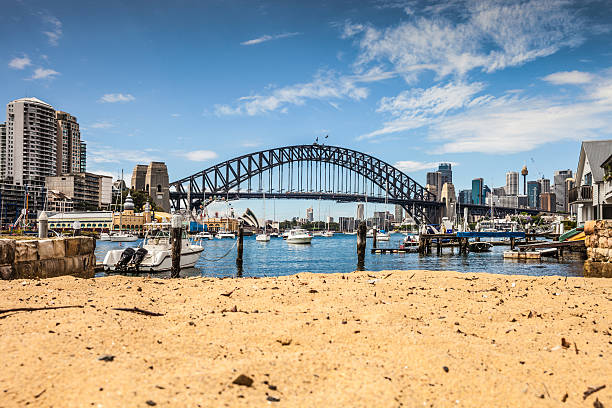 Sydney downtown and harbor from Lavender Bay beach during a beautiful day.