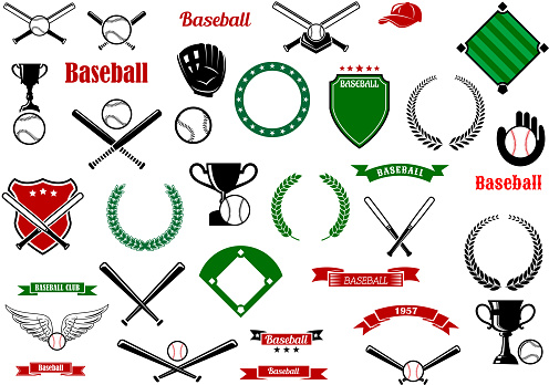 Baseball game sport items and heraldic elements with balls, crossed bats, trophies, gloves, baseball fields and home plate, shields, wreaths, ribbon banners and stars 