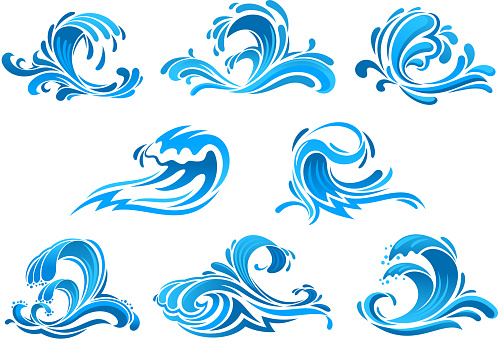 Sea and ocean waves icons set with blue water swirls, surf, splashes and flowing drops. Use as nature emblem, ecology symbol, summer vacation or travel design 