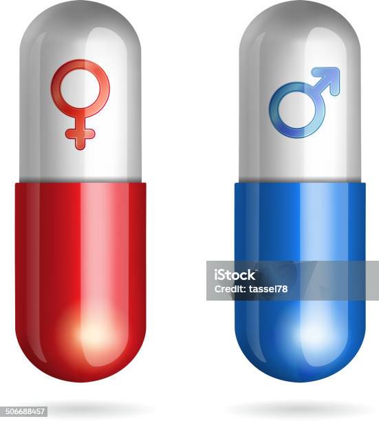 Vetores de Pílulas Azuis E Vermelhas Com Masculino Feminino Símbolos e mais imagens de Antibiotico