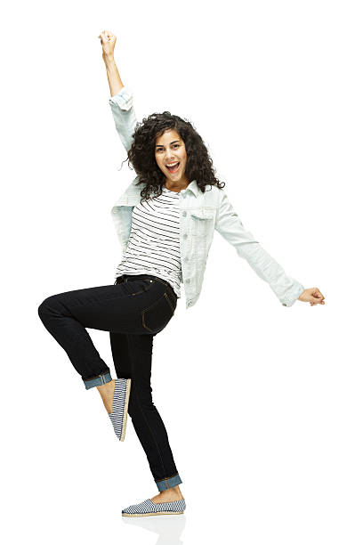 istock Cheerful woman in jacket & cheering 506688555