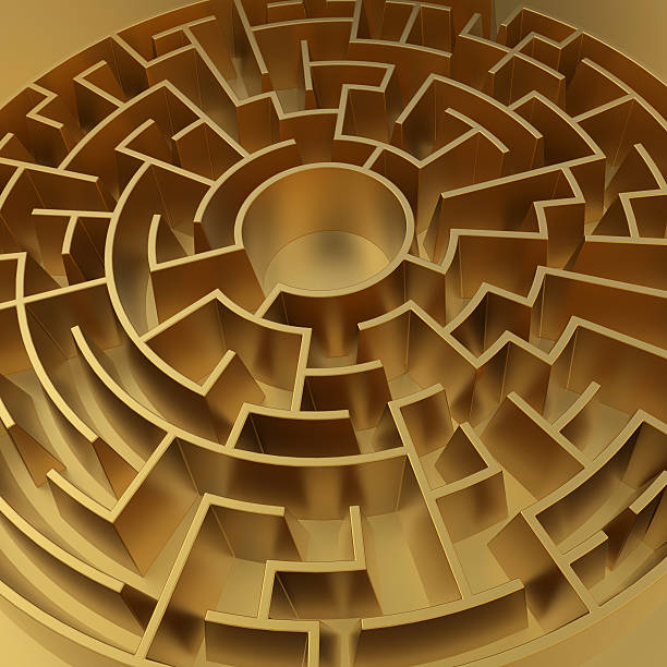 istock 3d abstract round labyrinth, golden maze background 506688857