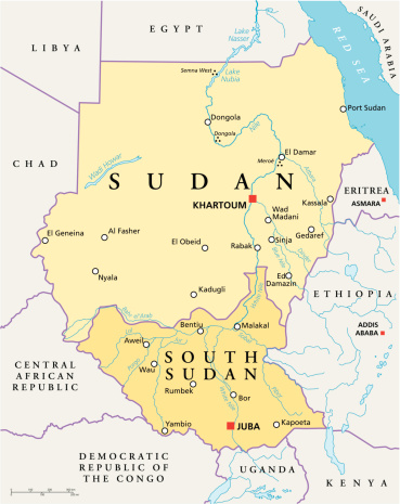 Political map of Sudan and South Sudan with capitals Khartoum and Juba, with national borders, most important cities, rivers and lakes. Vector illustration with English labeling and scaling.