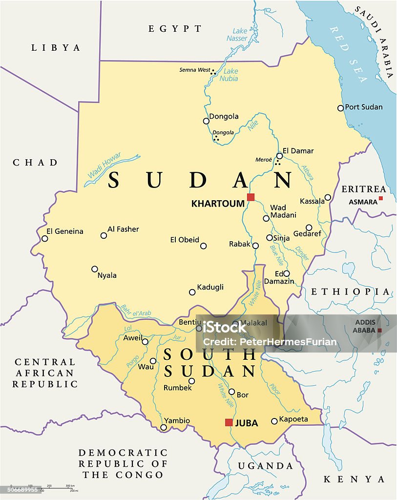 Sudan and South Sudan Political Map Political map of Sudan and South Sudan with capitals Khartoum and Juba, with national borders, most important cities, rivers and lakes. Vector illustration with English labeling and scaling. South Sudan stock vector