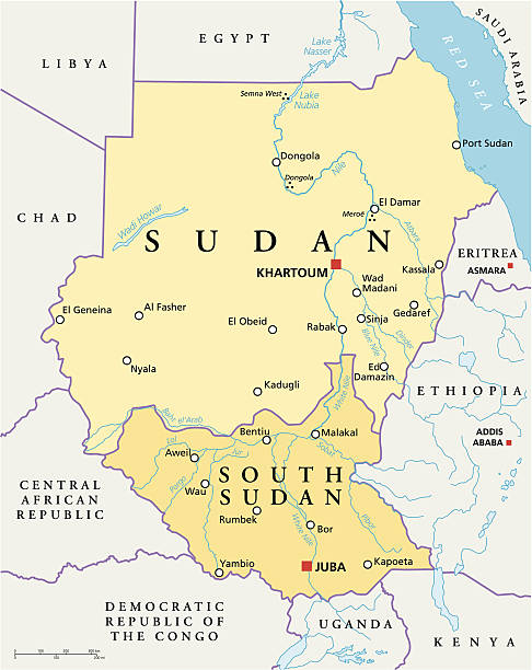 Sudan and South Sudan Political Map Political map of Sudan and South Sudan with capitals Khartoum and Juba, with national borders, most important cities, rivers and lakes. Vector illustration with English labeling and scaling. south sudan stock illustrations