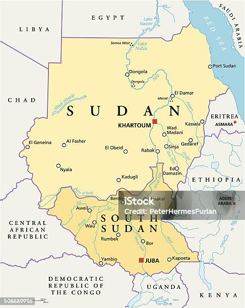 Sudan And South Sudan Political Map Stock Illustration - Download Image Now - South Sudan, Sudan, Map