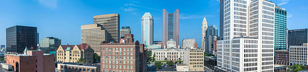 Panoramic Buildings in Downtown Columbus, Ohio Panoramic image of downtown Columbus, Ohio with the Statehouse on a clear sunny day. ohio ohio statehouse columbus state capitol building stock pictures, royalty-free photos & images